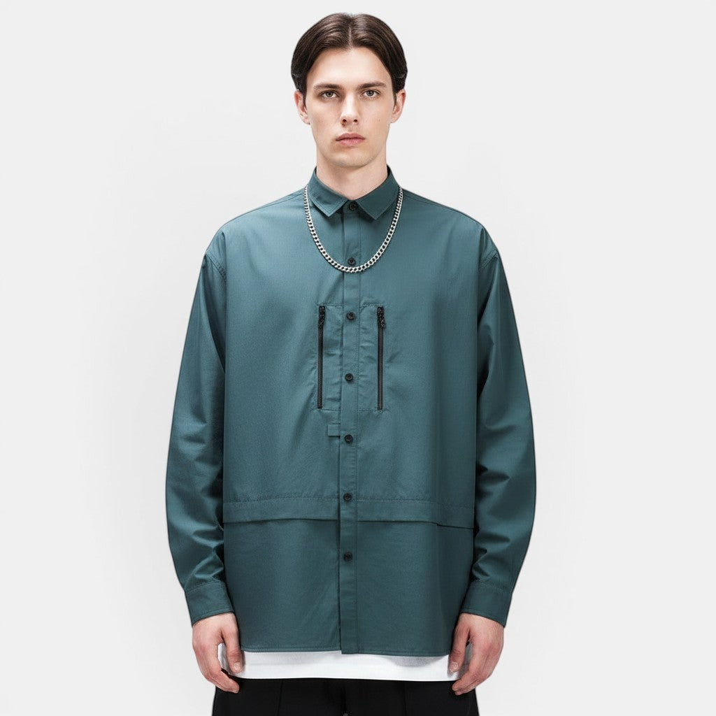 Allzom men's teal long-sleeve shirt jacket with zipper pockets and a silver chain necklace.