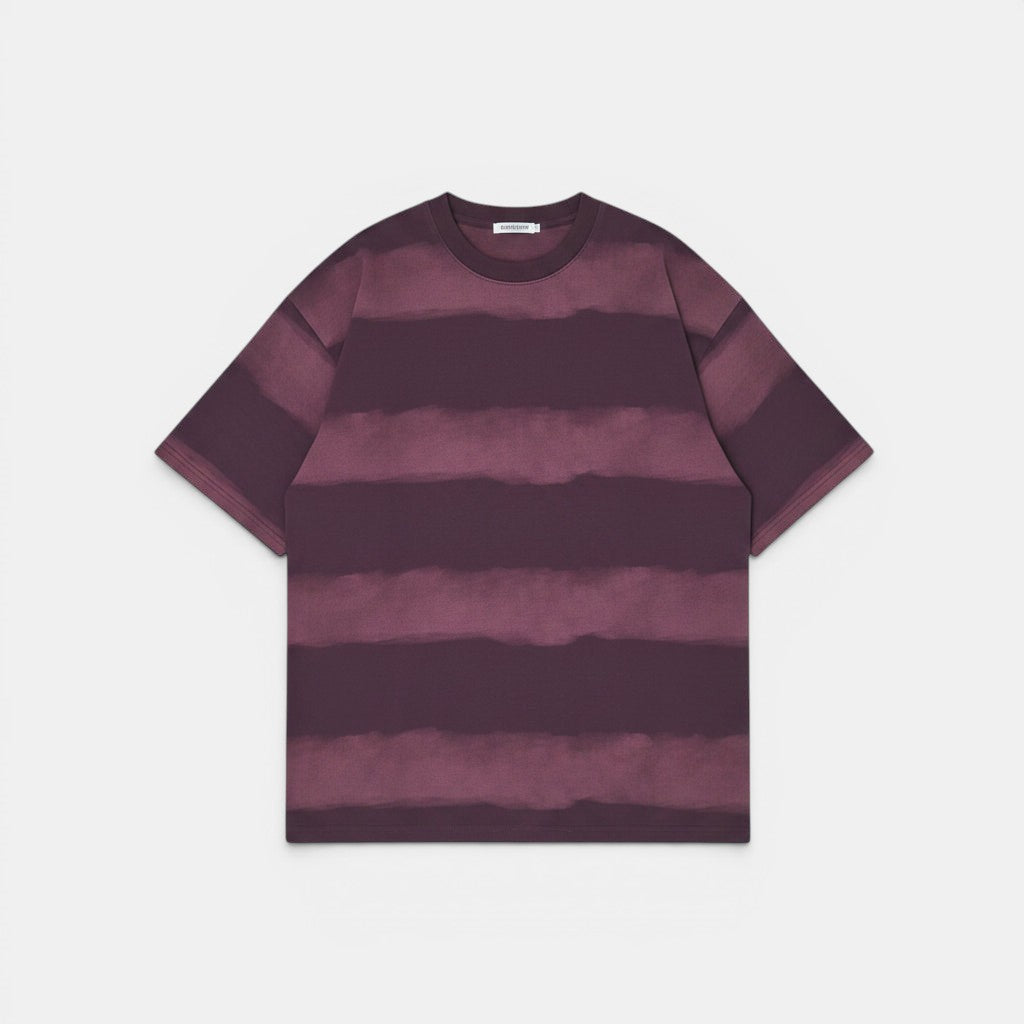Allzom men's short-sleeve cotton t-shirt with tie-dye washed stripes in burgundy and purple.