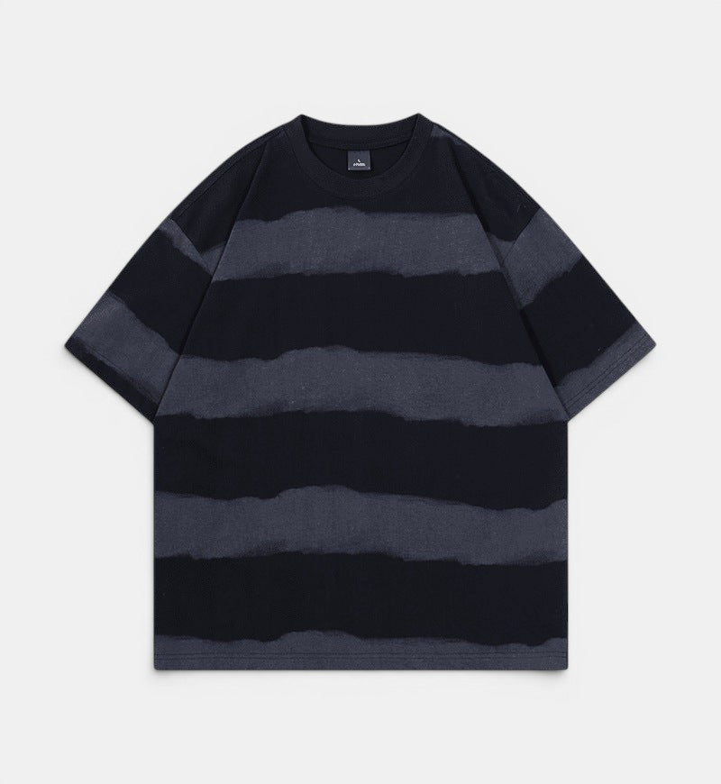 Allzom men's short-sleeve cotton t-shirt with horizontal tie-dye stripes in navy and grey, relaxed fit.