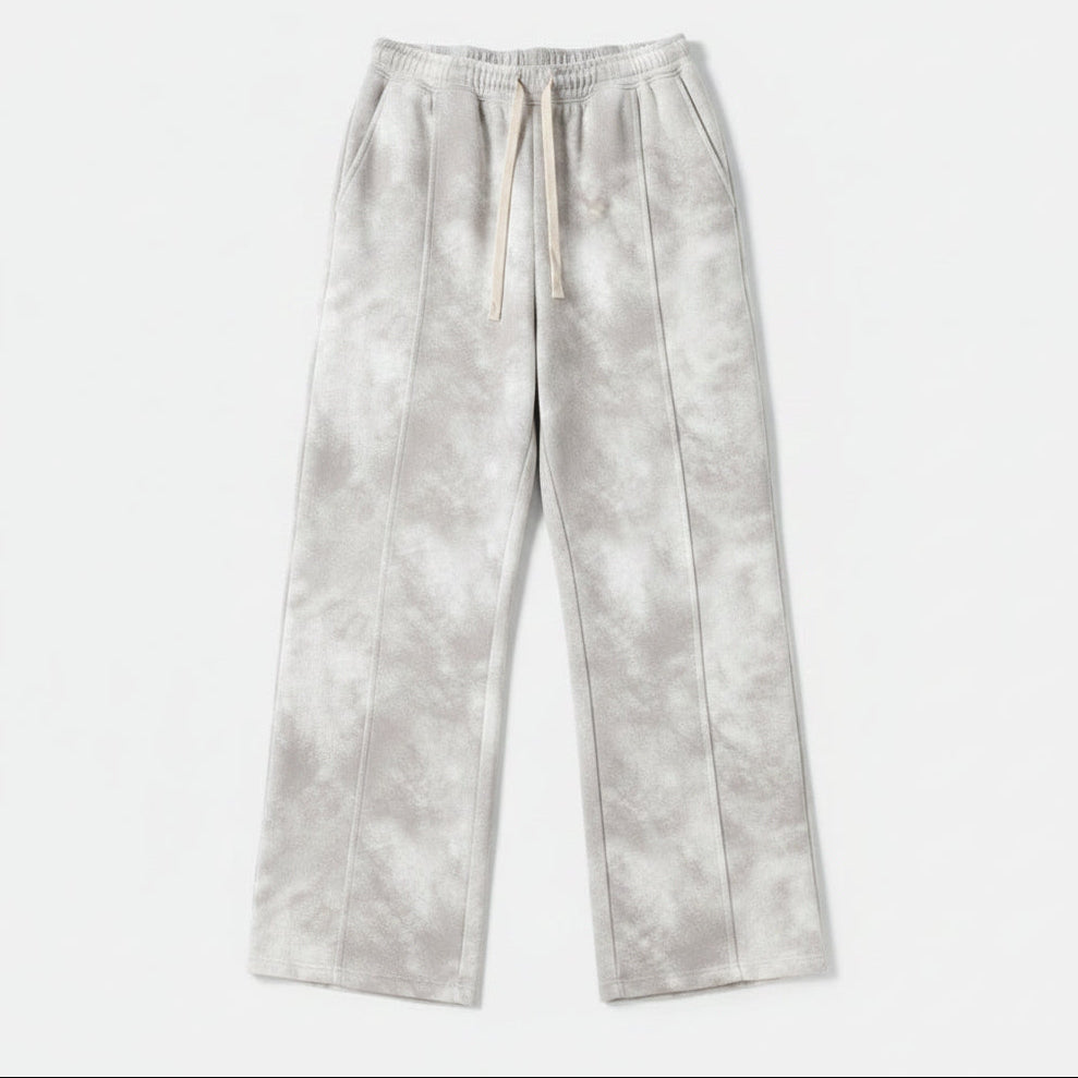 Allzom men's loose wide-leg pants in a grey tie-dye pattern with a drawstring waist.