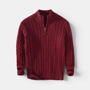 Allzom men's loose zip pullover knit sweater coat in deep red with cable knit detailing and a mock neck.