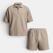 Allzom men's beige waffle knit zip-up short-sleeve polo and matching shorts set.