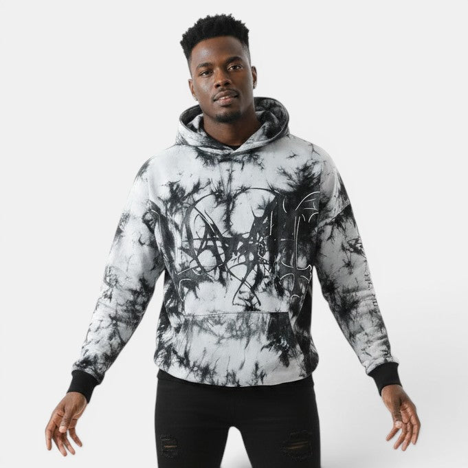 Allzom homem com capuz tie-dye preto e branco solto com estampa gráfica ousada. Pulôver de manga comprida com capuz.