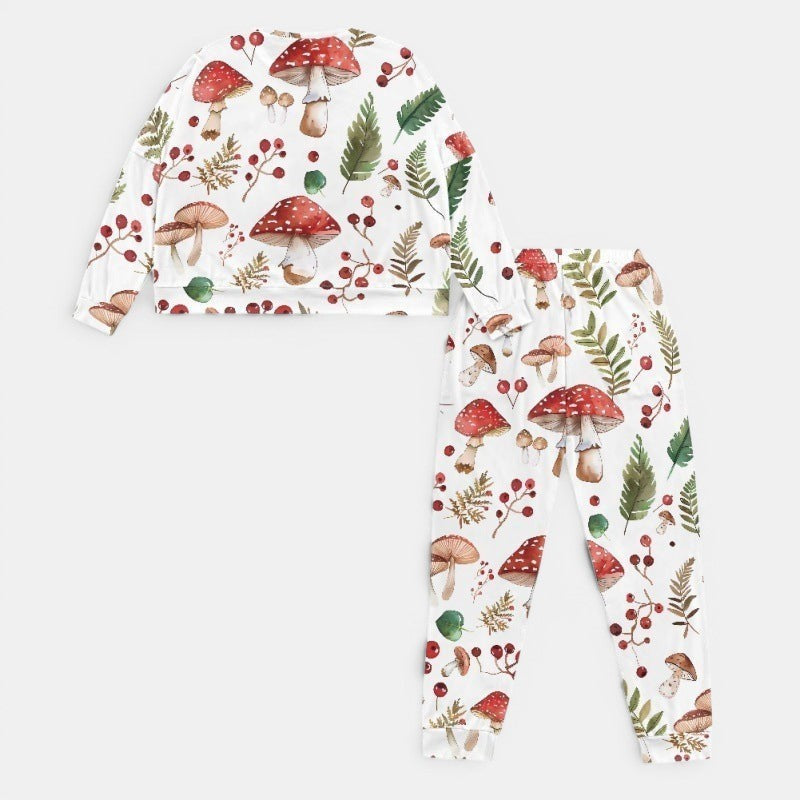 Allzom women's cute pajama suit with long sleeves and pants, featuring a white background with a whimsical mushroom and berry print. Made from soft fabric for ultimate comfort.