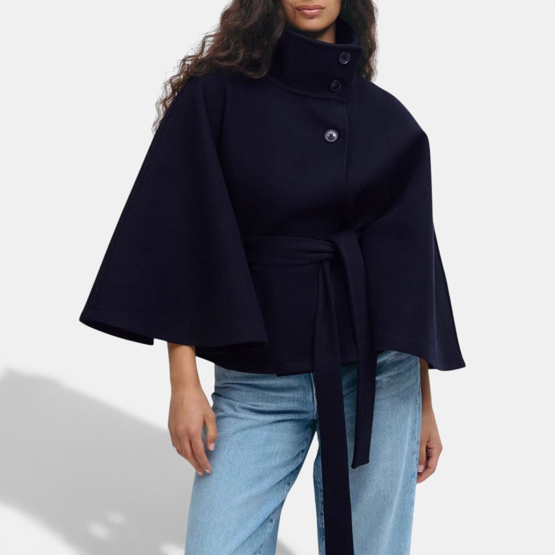 Allzom navy blue polyester coat with high neck, batwing sleeves, belt and button details.