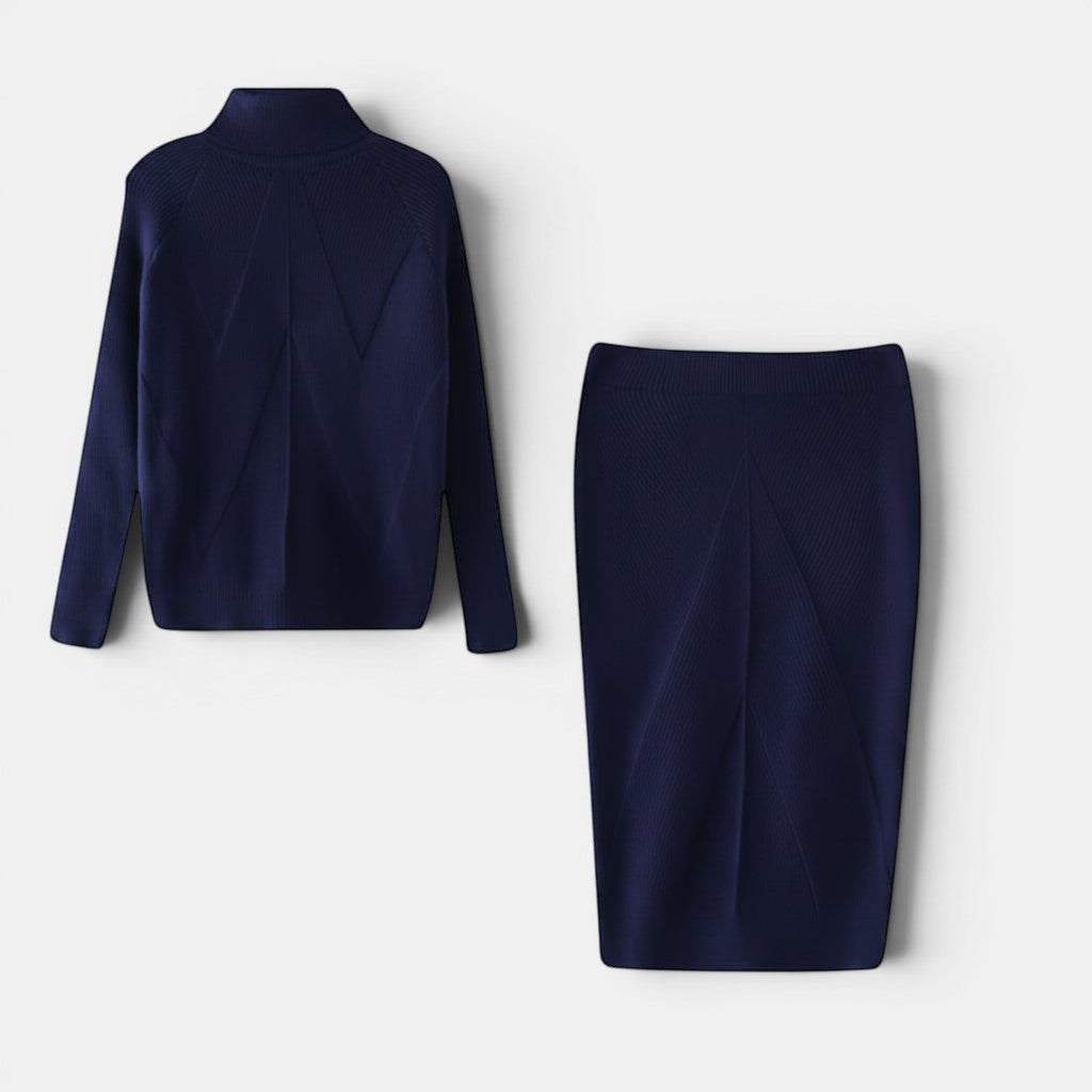 Allzom women's navy blue slim fit turtleneck knitted sweater and matching pencil skirt set.
