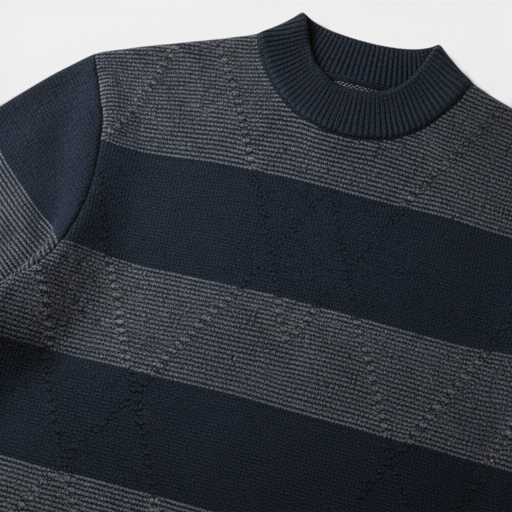 Allzom men's navy and grey striped knit sweater with high round neck and textured detail.
