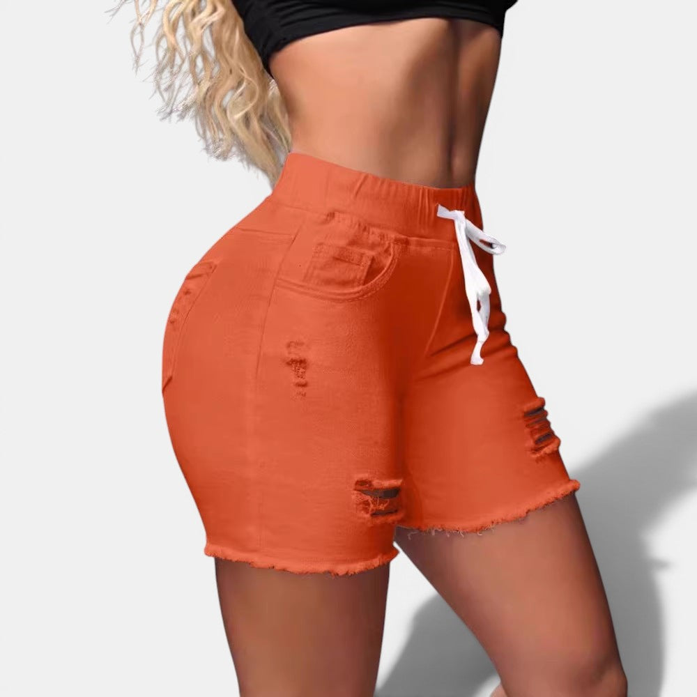 Allzom orange ripped denim shorts with drawstring and frayed hem, mid-to-high waist, perfect for summer street fashion.