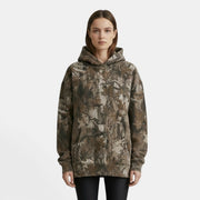 Allzom women's oversized camouflage maple leaf print sports hoodie with kangaroo pocket.
