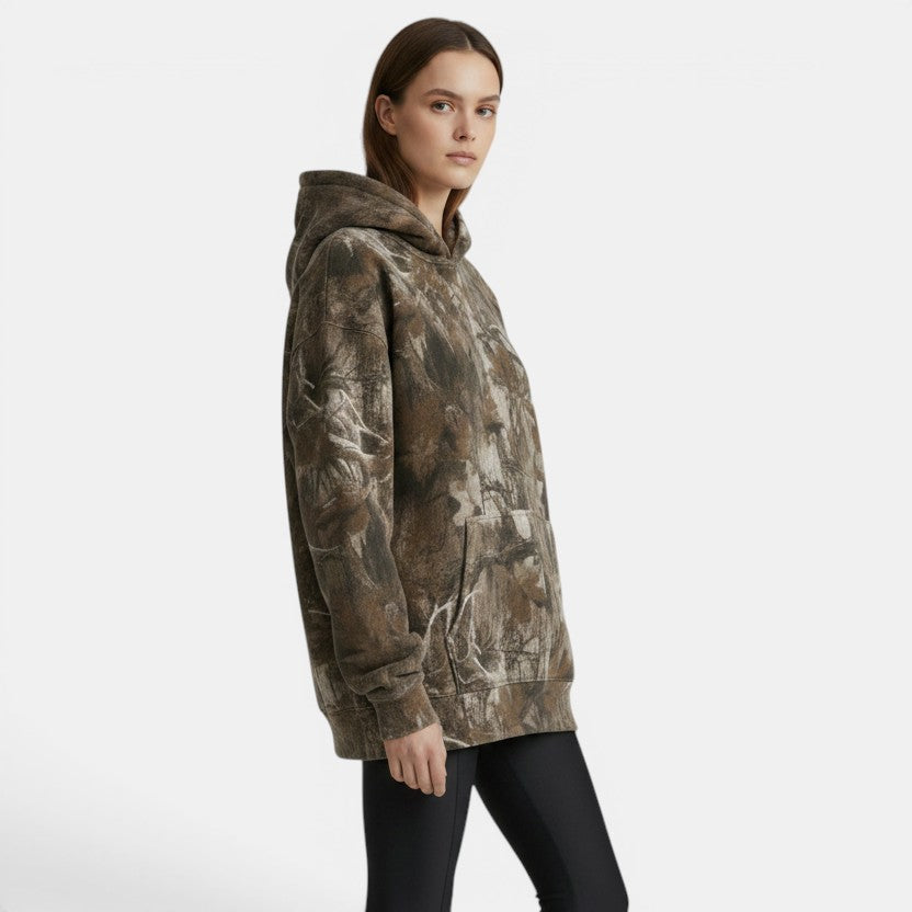 Allzom women's oversized camouflage maple leaf print sports hoodie with kangaroo pocket.