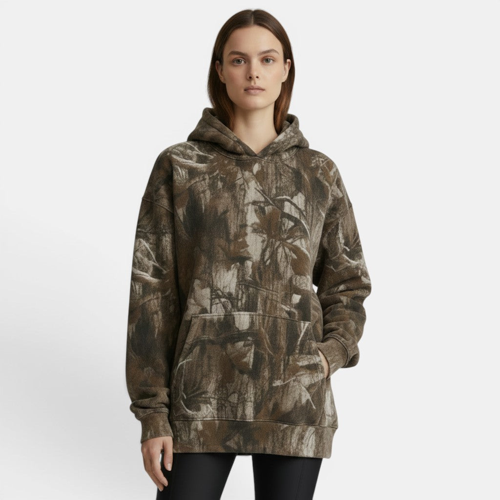 Allzom women's oversized hoodie with camouflage maple leaf print in brown and green, featuring a kangaroo pocket.