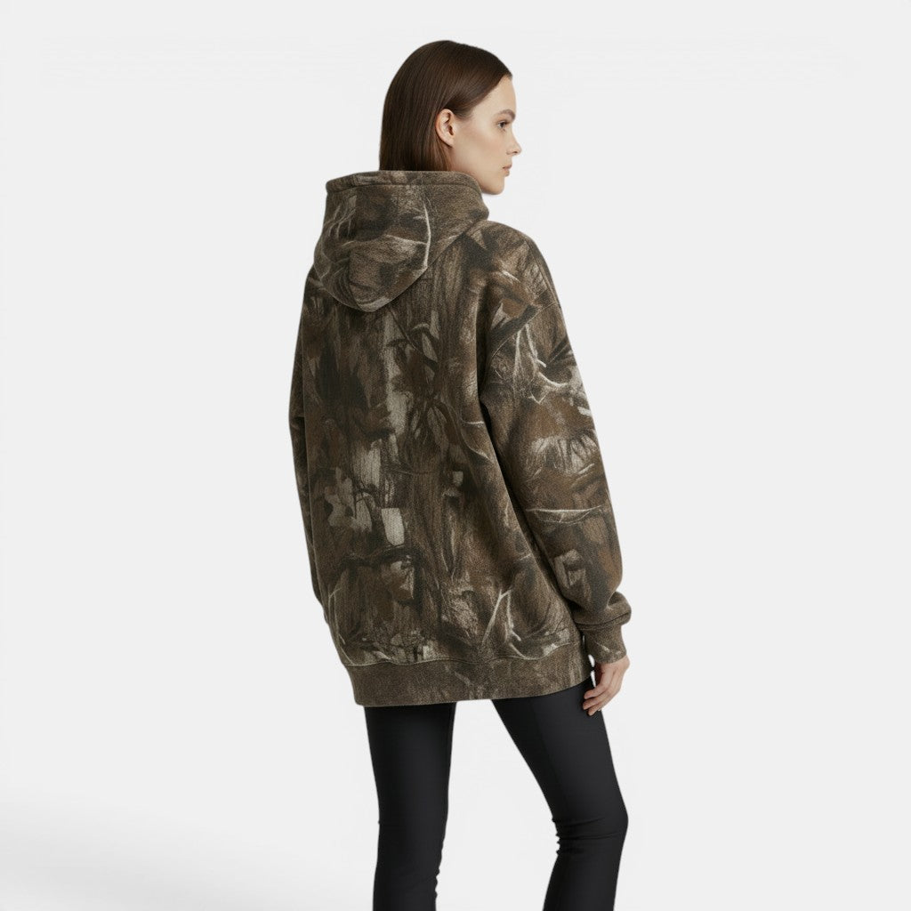 Allzom women's oversized sports hoodie with camouflage maple leaf print in brown and green, featuring a kangaroo pocket.