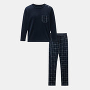 Allzom navy blue padded flannel pajama suit with long sleeves and checkered pocket detail.