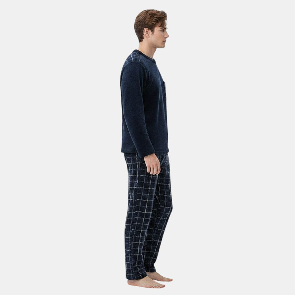Allzom navy blue padded flannel pajama suit with long sleeves and plaid pattern pants.
