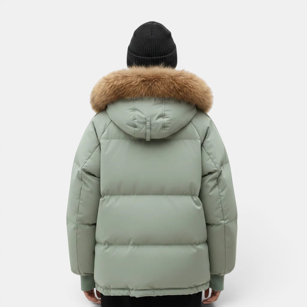 Allzom women's loose-fitting padded winter coat in light green with fur-lined hood and black beanie.