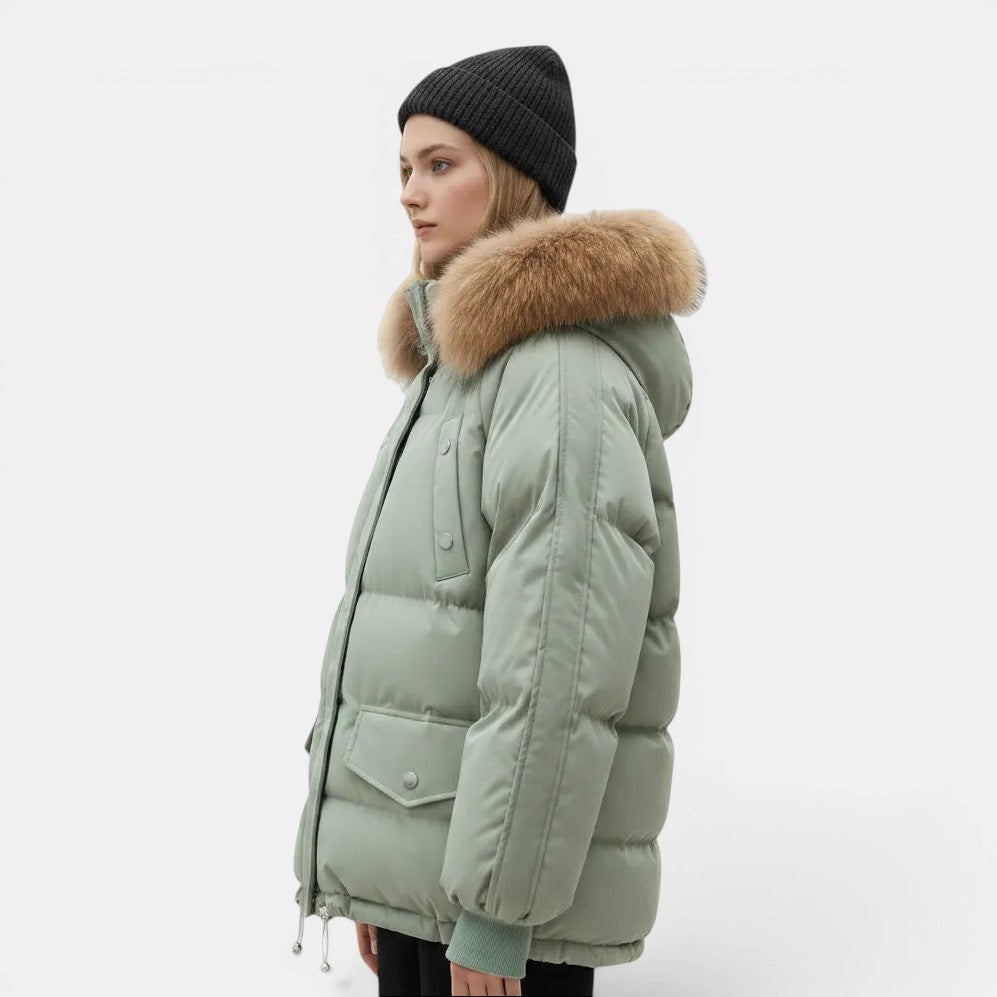 Allzom women's loose-fitting padded winter coat in light green with fur-lined hood and ribbed cuffs.