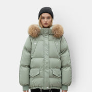 Allzom women's loose-fitting padded winter coat in light green with fur-trimmed hood and pockets.