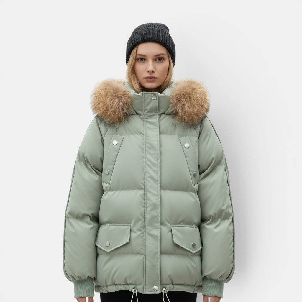 Allzom women's loose-fitting padded winter coat in light green with fur-trimmed hood and pockets.