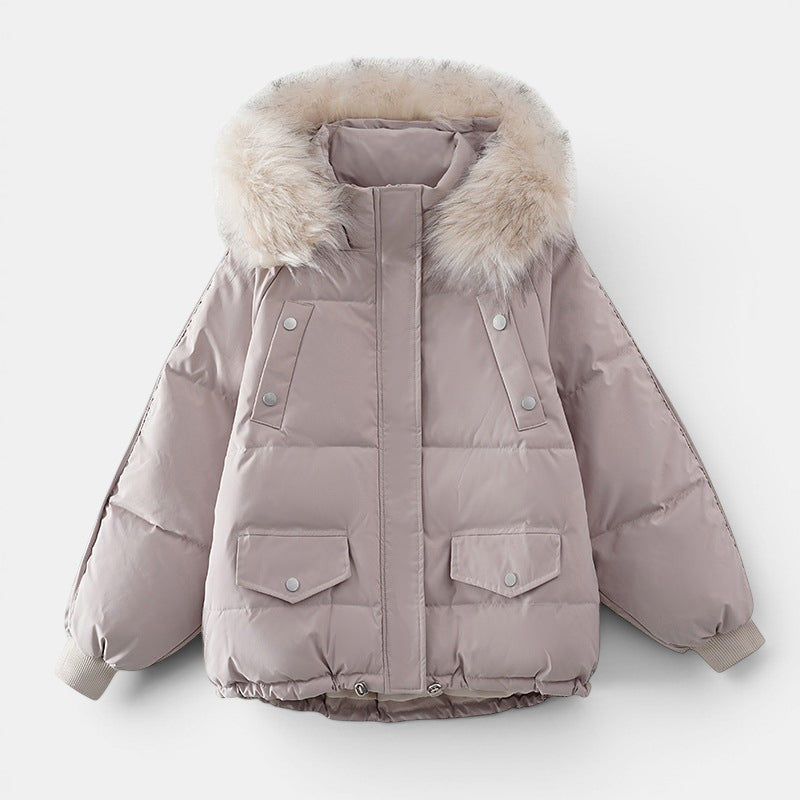 Allzom women's loose-fitting padded winter coat in light taupe with faux fur hood trim and snap-button pockets.