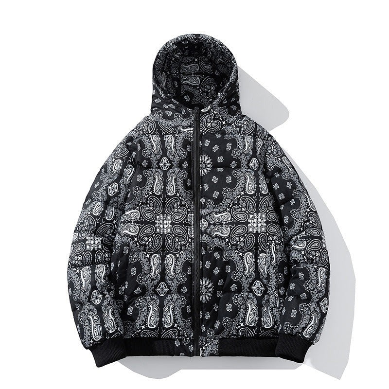 Allzom men's black and white paisley print hooded cotton coat with colorful detailing.
