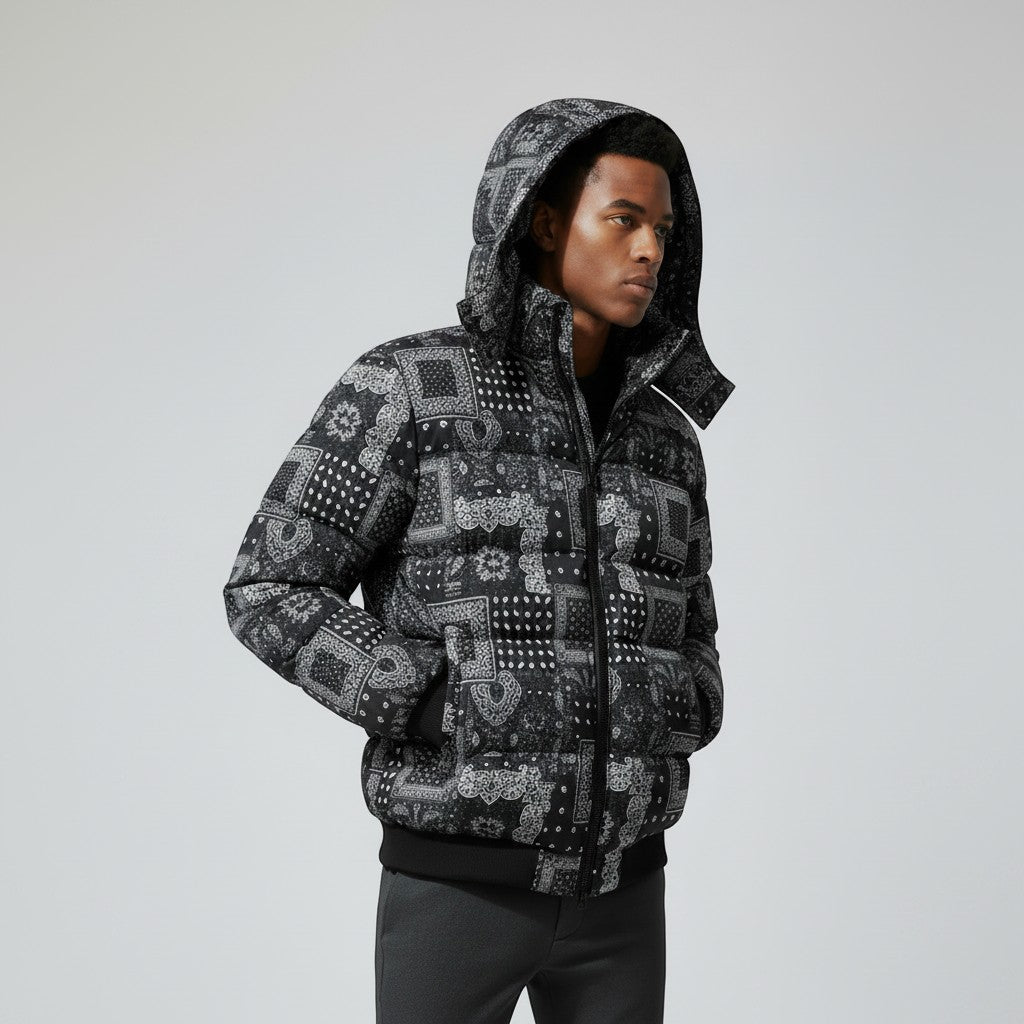 Allzom men's short hooded puffer coat with black and white paisley bandana print. Cotton material.
