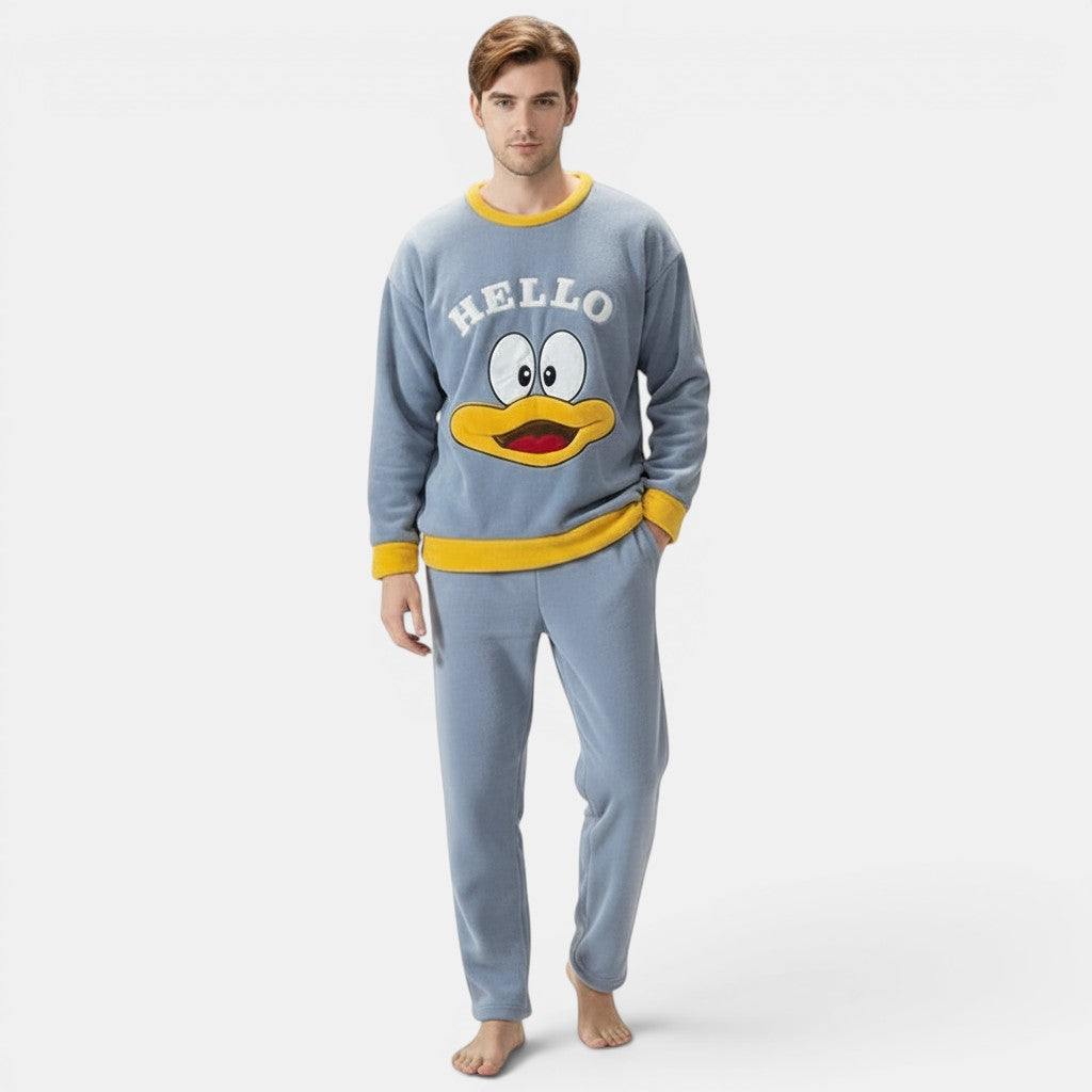 Allzom light blue flannel pajama suit with yellow trim and a cartoon duck face graphic that says HELLO.