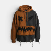 Allzom men's oversized patchwork knit hoodie in brown and black with distressed details and a fleece-look texture.