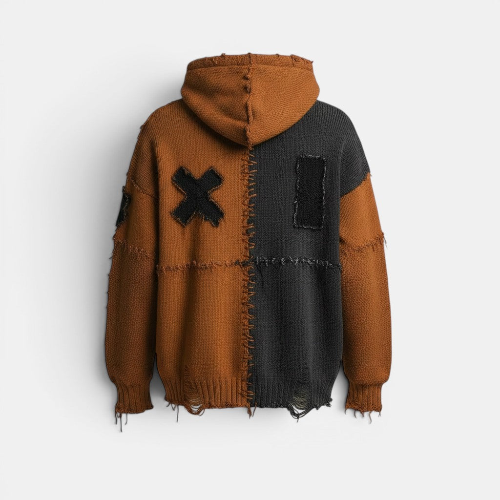 Allzom men's oversized brown and black patchwork knit hoodie with distressed details and cross appliqué.