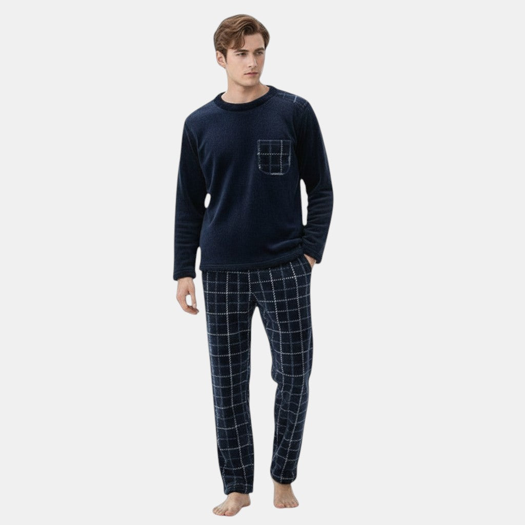 Allzom azul marinho acolchoado conjunto de pijama de flanela com padrão xadrez, manga comprida e bolso no peito.
