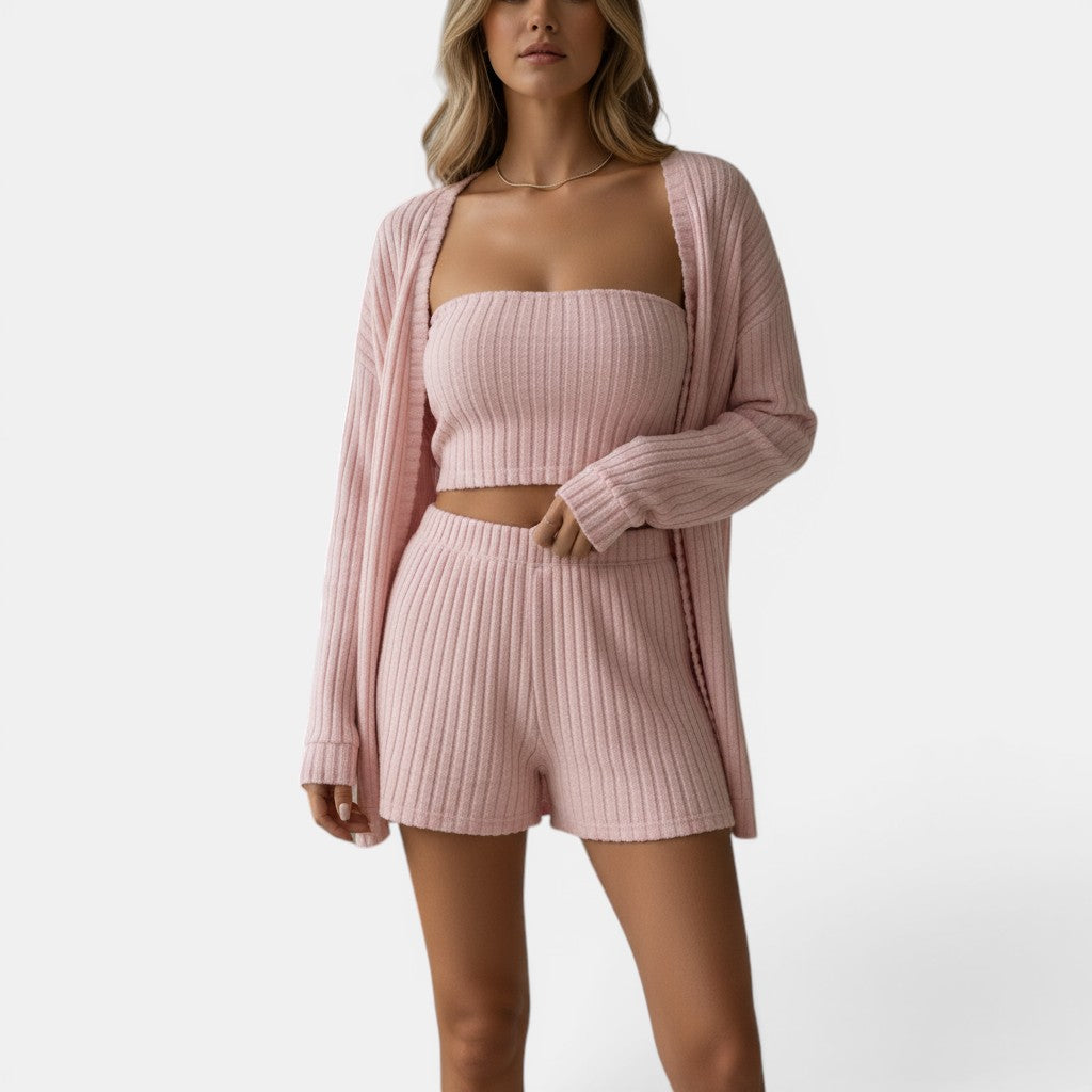 Allzom women's pink brushed knit three-piece pyjama set with bandeau top, shorts and cardigan.