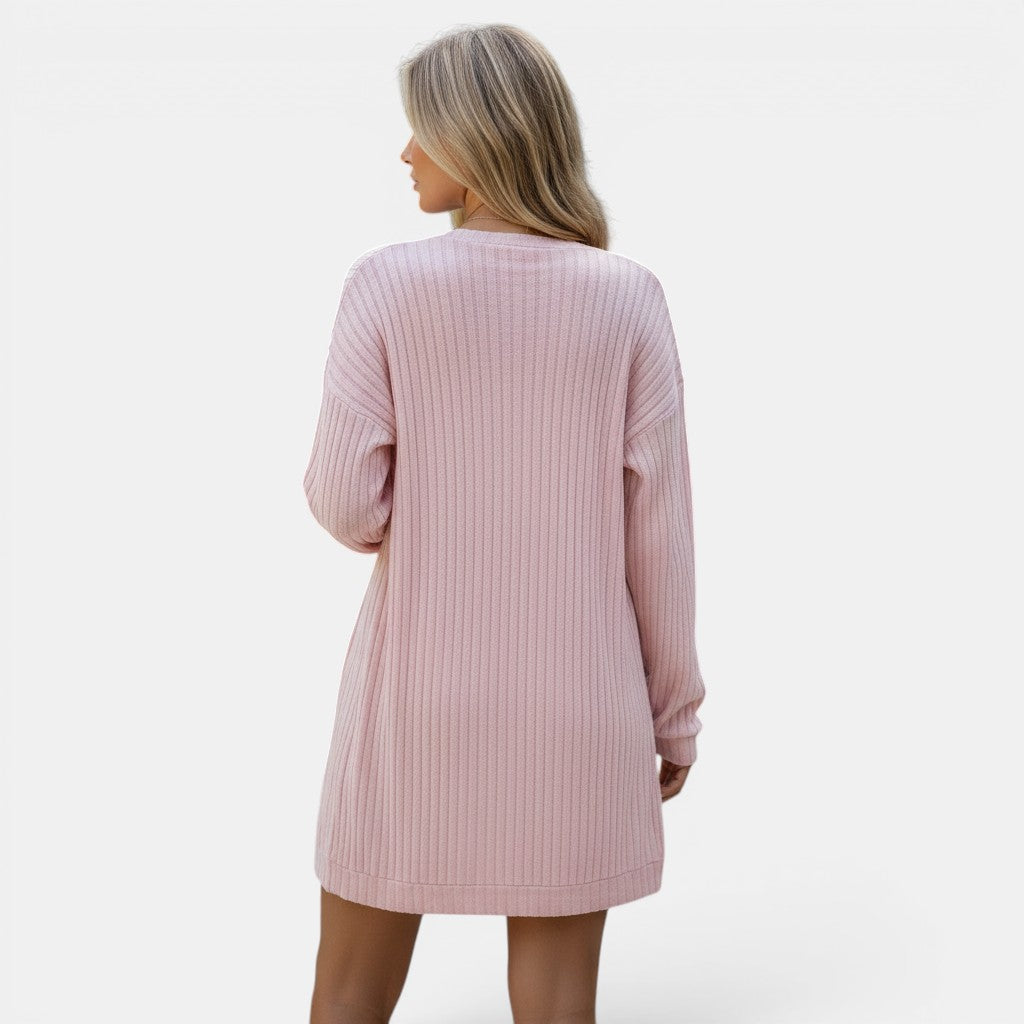 Allzom women's pink brushed ribbed knit pyjama dress with long sleeves.