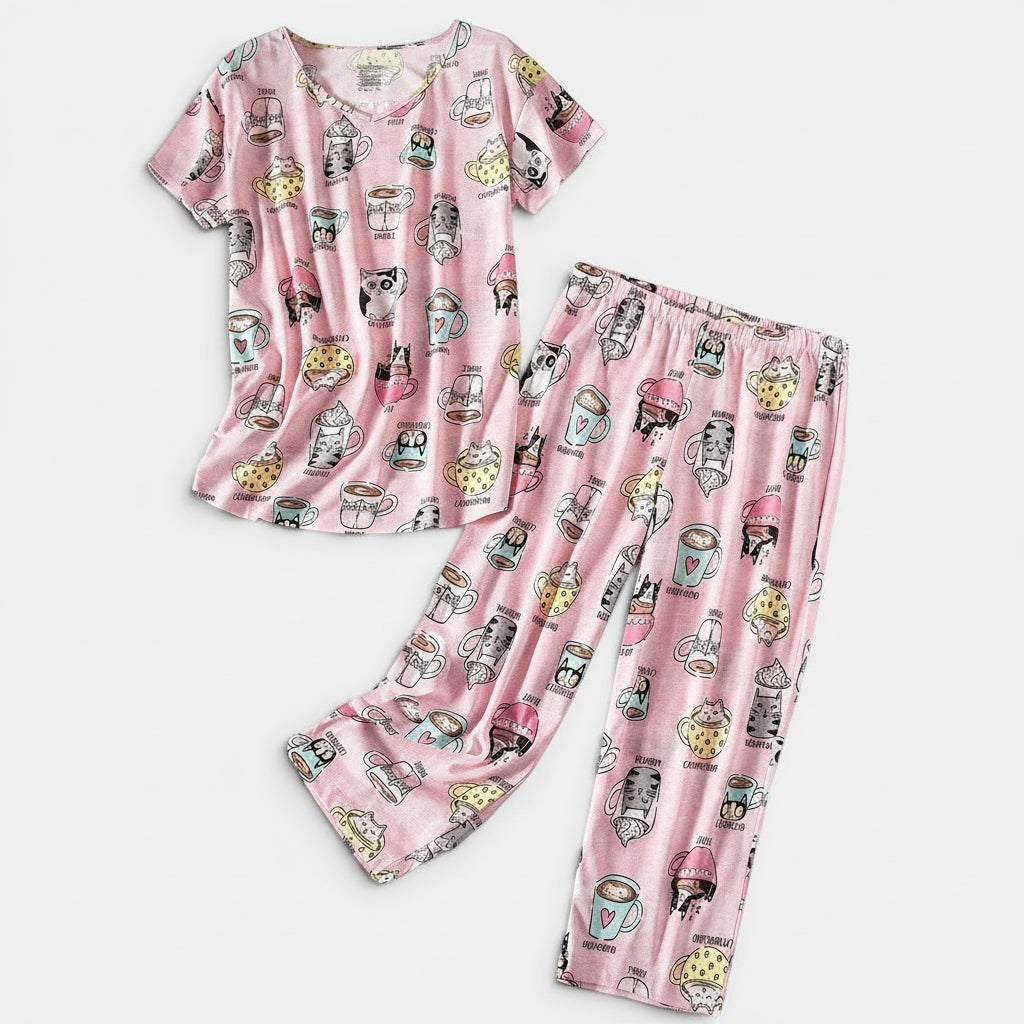 Allzom women's plus size pink knitted cotton short-sleeve pajama set with cropped pants featuring a cute cat and coffee cup print.