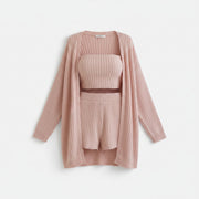 Allzom women's pink ribbed knit three-piece pyjama set with cardigan, bandeau top and shorts.
