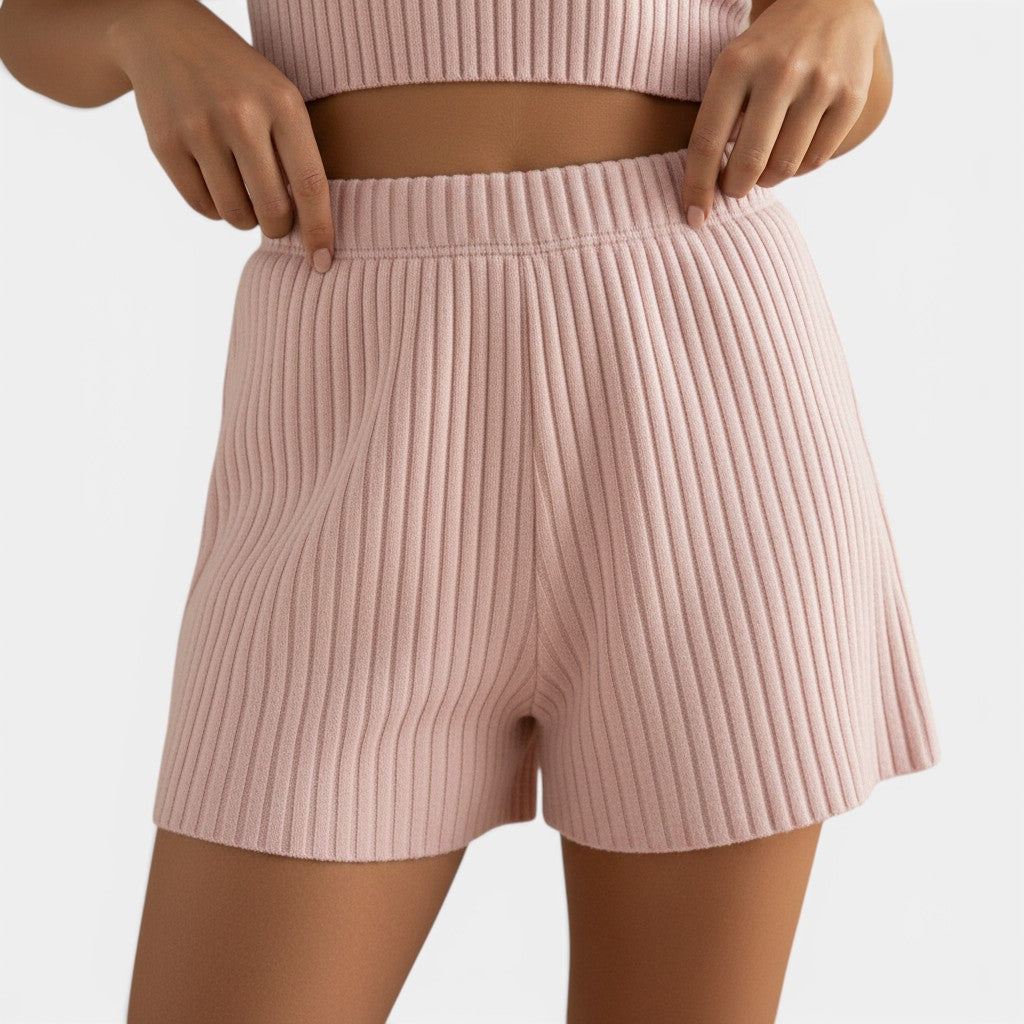 Allzom women's pink ribbed knit pyjama shorts with elasticated waistband.