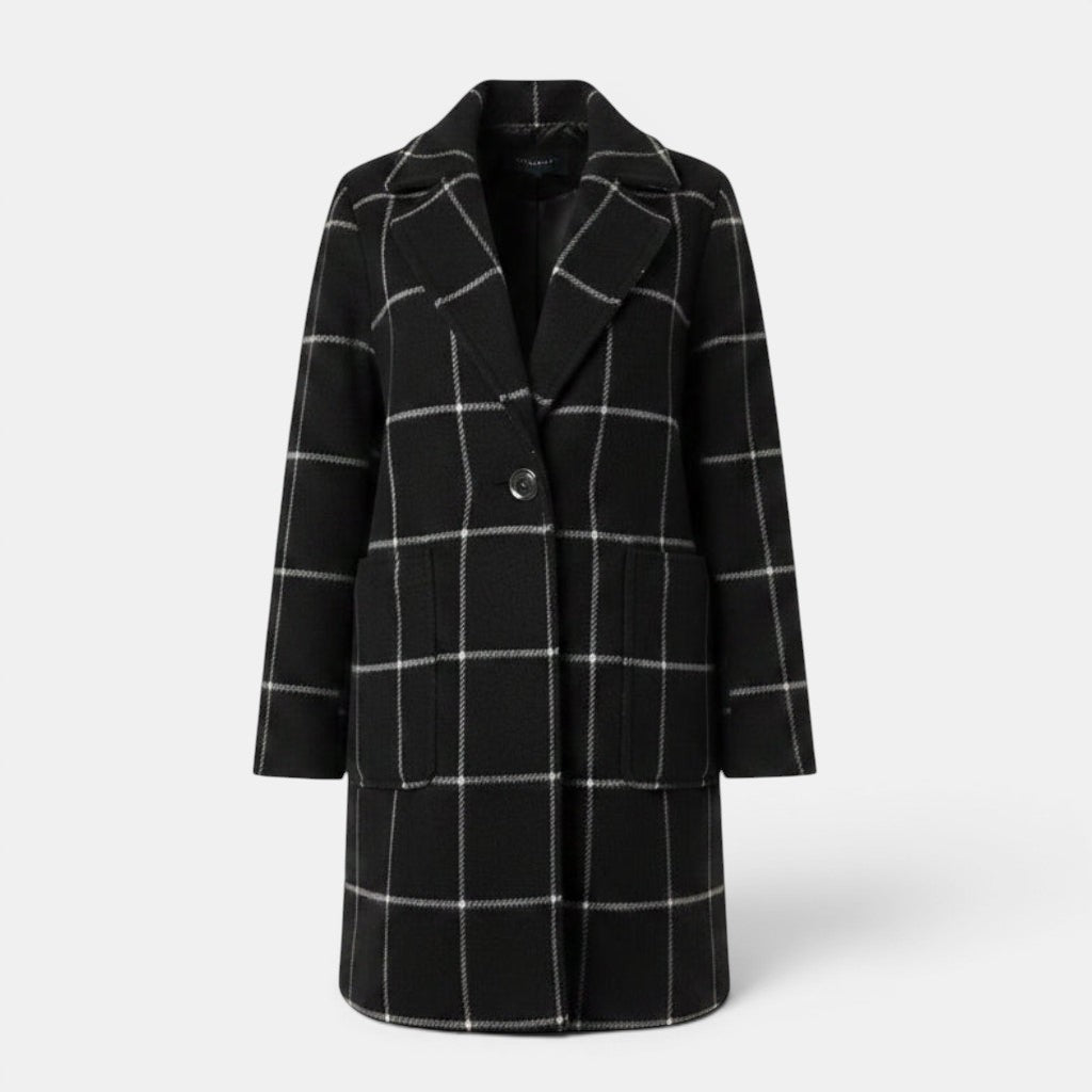 Allzom black and white plaid mid-length lapel jacket with two front pockets and a single button closure.