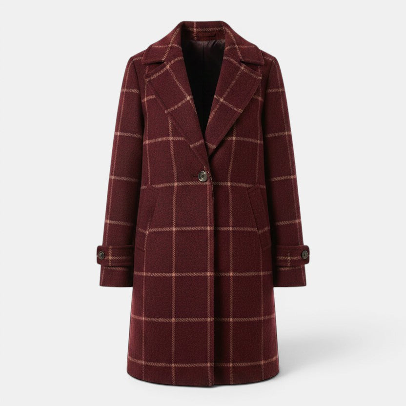 Allzom burgundy plaid mid-length lapel jacket with button closure and cuff detail.