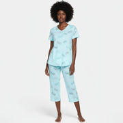 Allzom women's plus size light blue knitted cotton pajama set with short sleeves and cropped pants featuring a butterfly print.