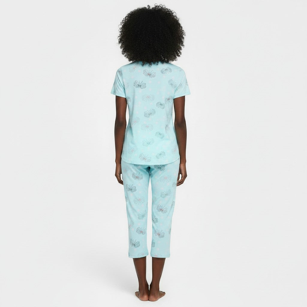 Women's Plus Size Knitted Cotton Short-Sleeve Cropped Pants Pajama Suit