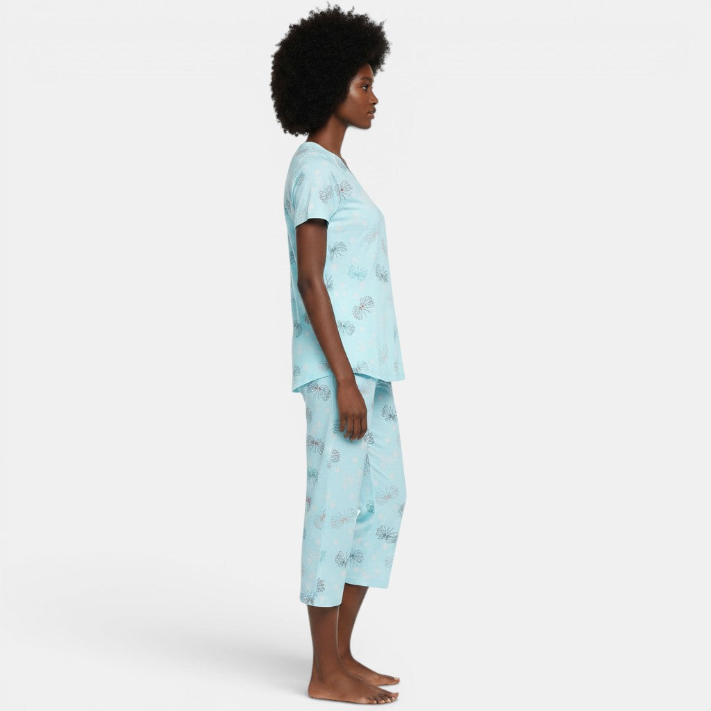Women's Plus Size Knitted Cotton Short-Sleeve Cropped Pants Pajama Suit