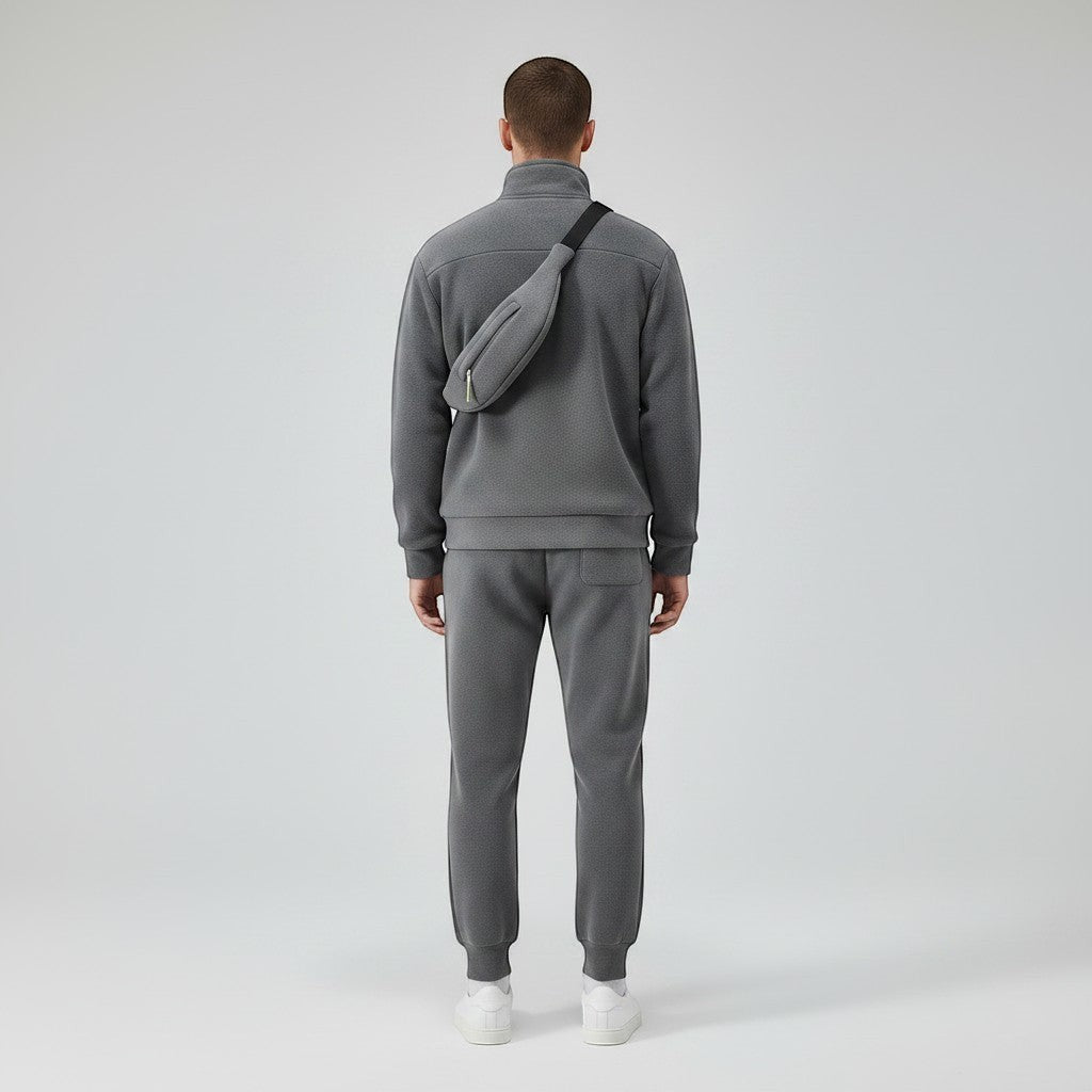 Allzom grey polar fleece lapel coat and matching trousers set for men, with a comfortable loose fit.