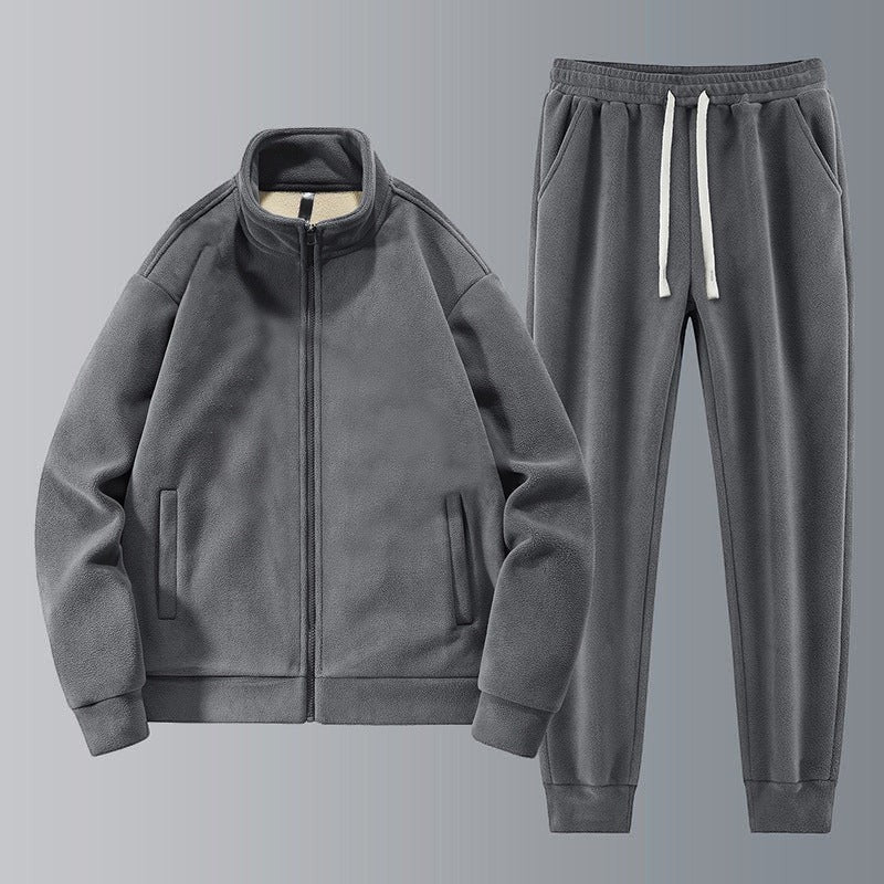 Allzom Men's grey polar fleece lapel coat and matching trousers set. Thickened polyester fleece for warmth.