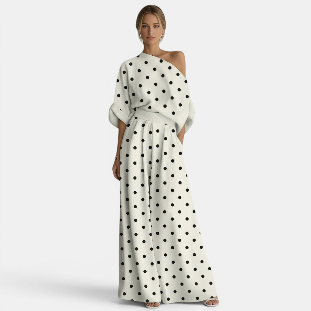 Allzom women's cream and black polka dot off-shoulder top and wide-leg pants set.