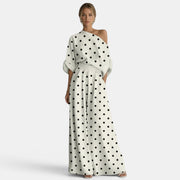 Allzom women's cream and black polka dot off-shoulder top and wide-leg pants set.