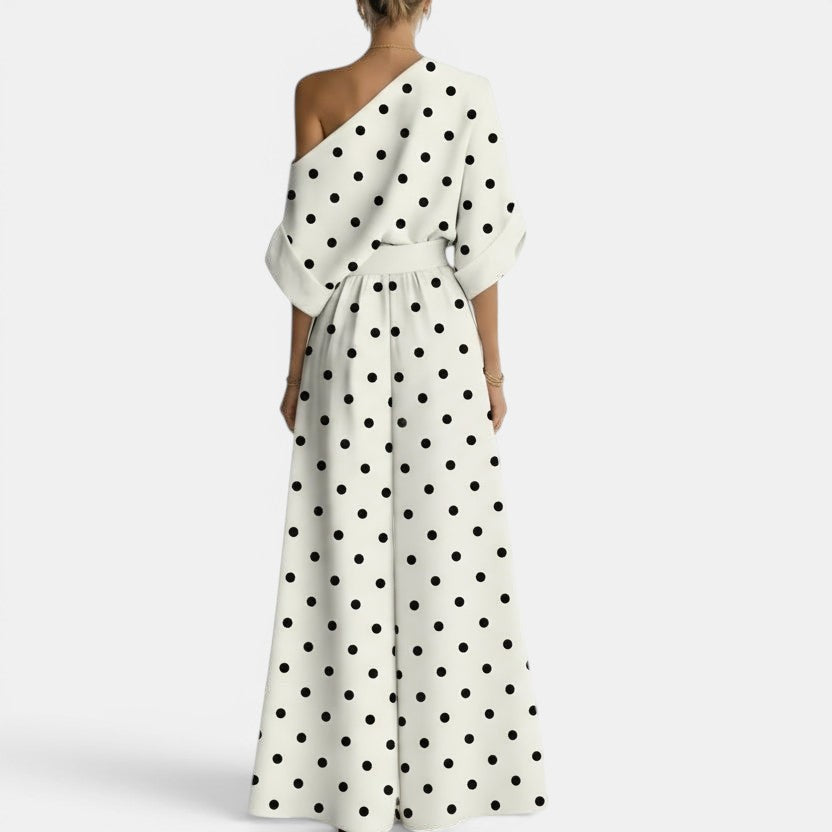Allzom women's cream and black polka dot off-shoulder top and wide-leg pants set.