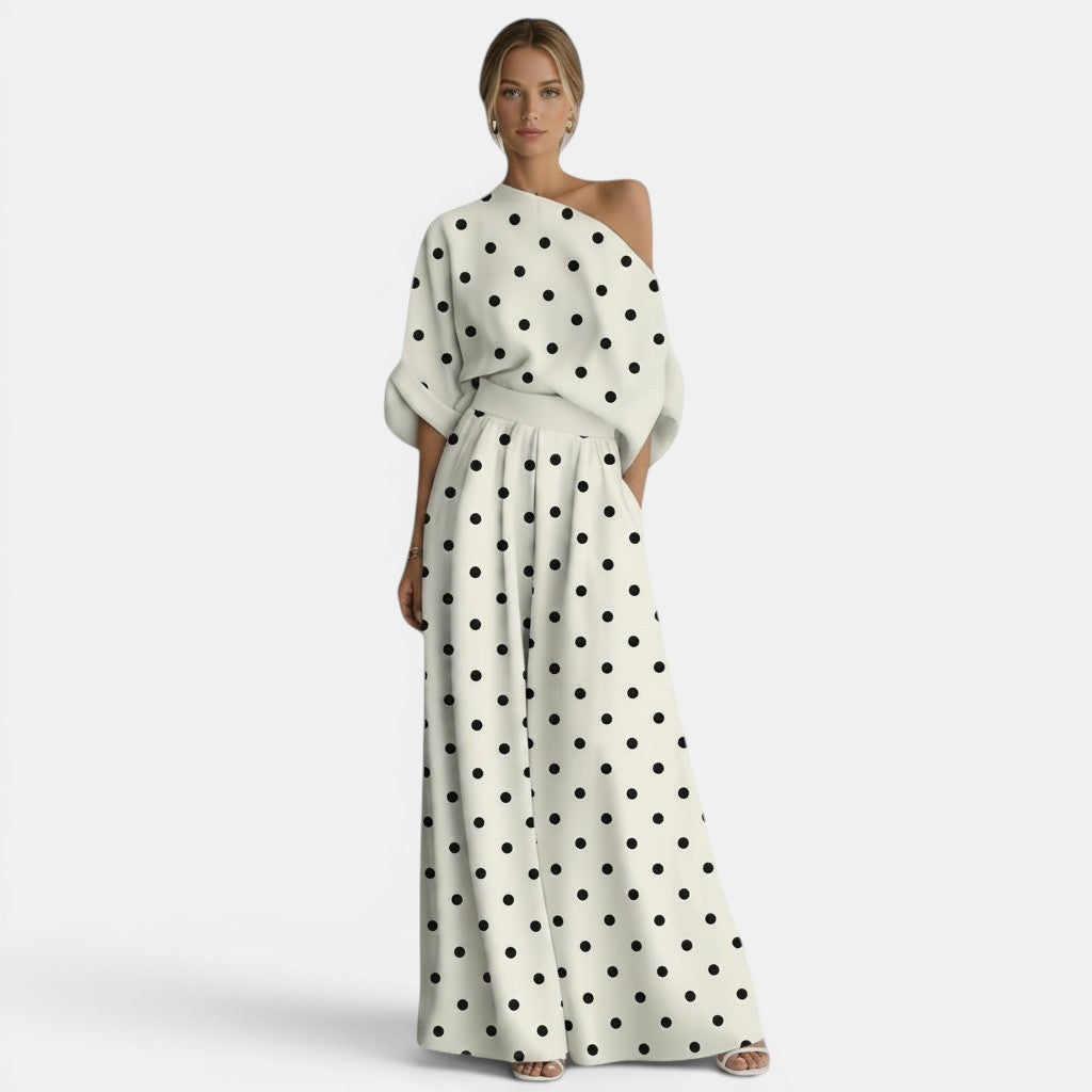 Allzom women's cream and black polka dot off-shoulder top and wide-leg pants set.