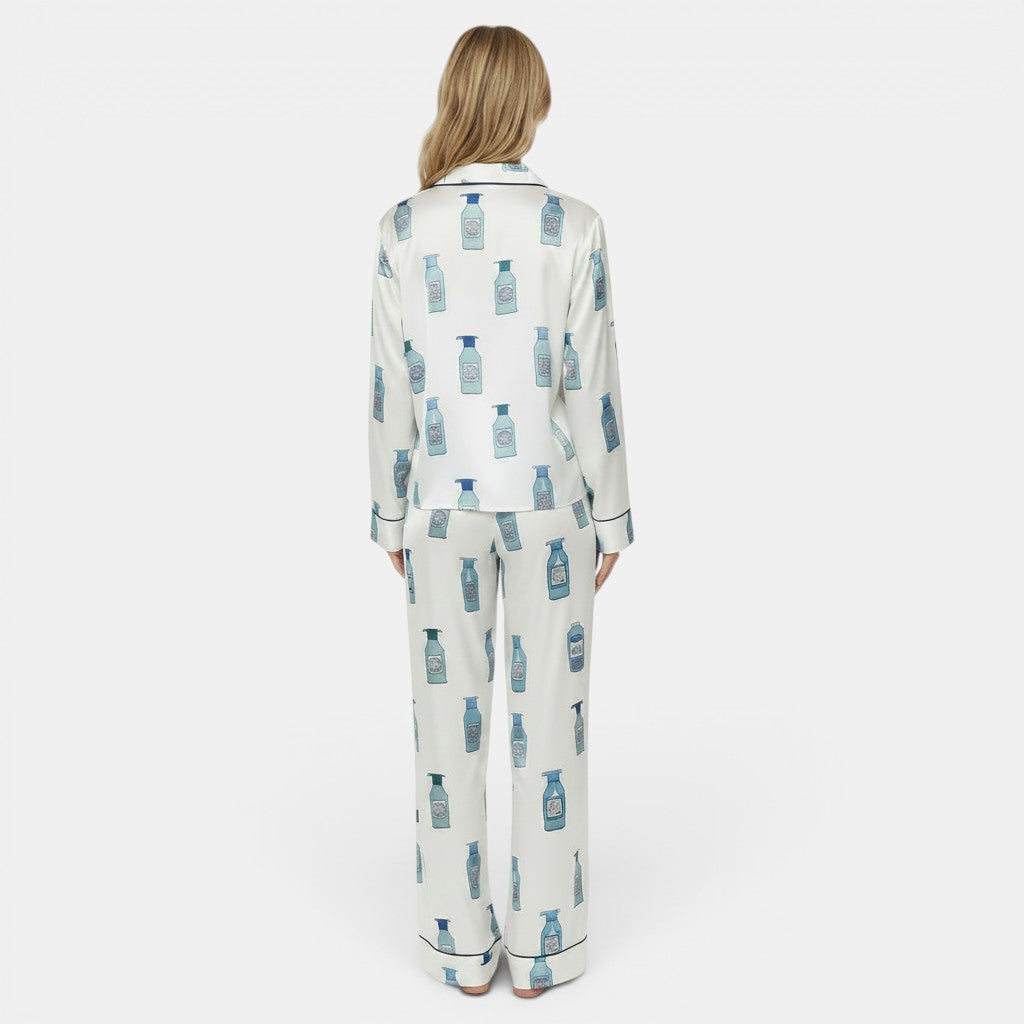Allzom white polyester digital print pajama set with blue bottle pattern and navy trim. Relaxed fit.