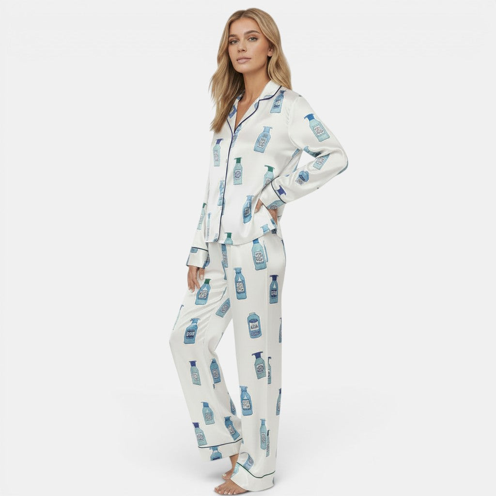 Allzom white polyester digital print pajama set with blue bottle pattern and navy trim. Relaxed fit.