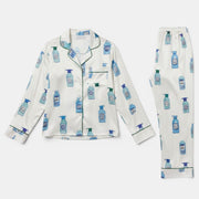 Allzom white polyester digital print pajama set with blue bottle pattern and green trim.