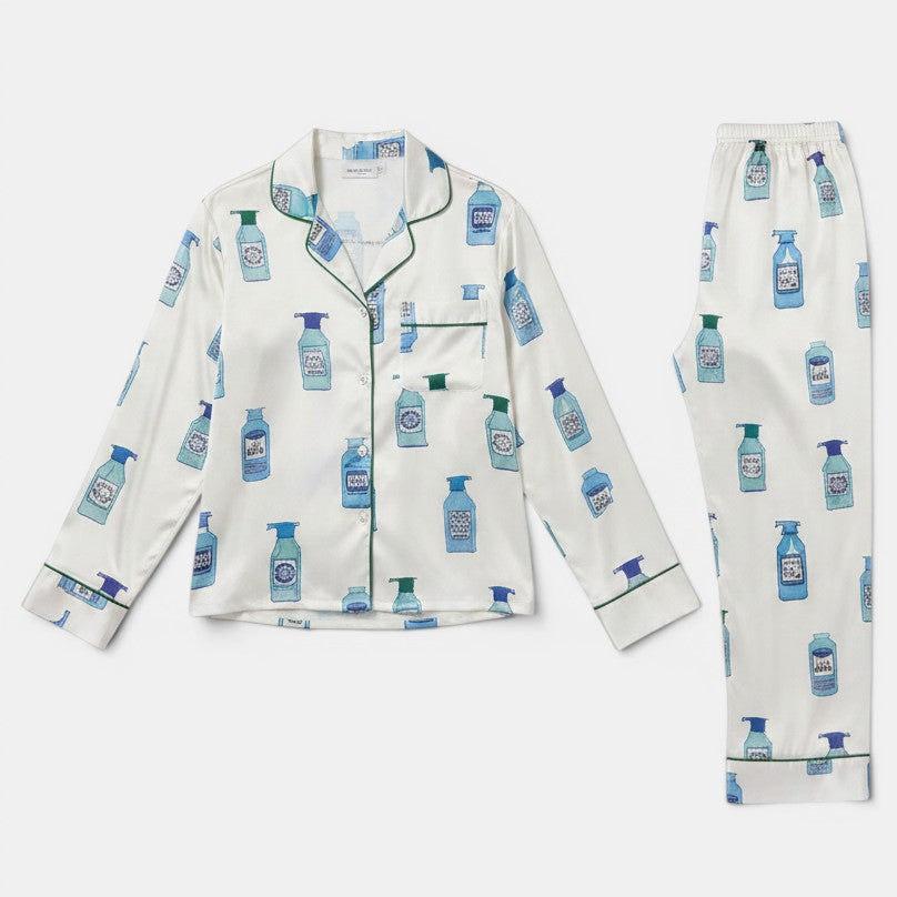 Allzom white polyester digital print pajama set with blue bottle pattern and green trim.