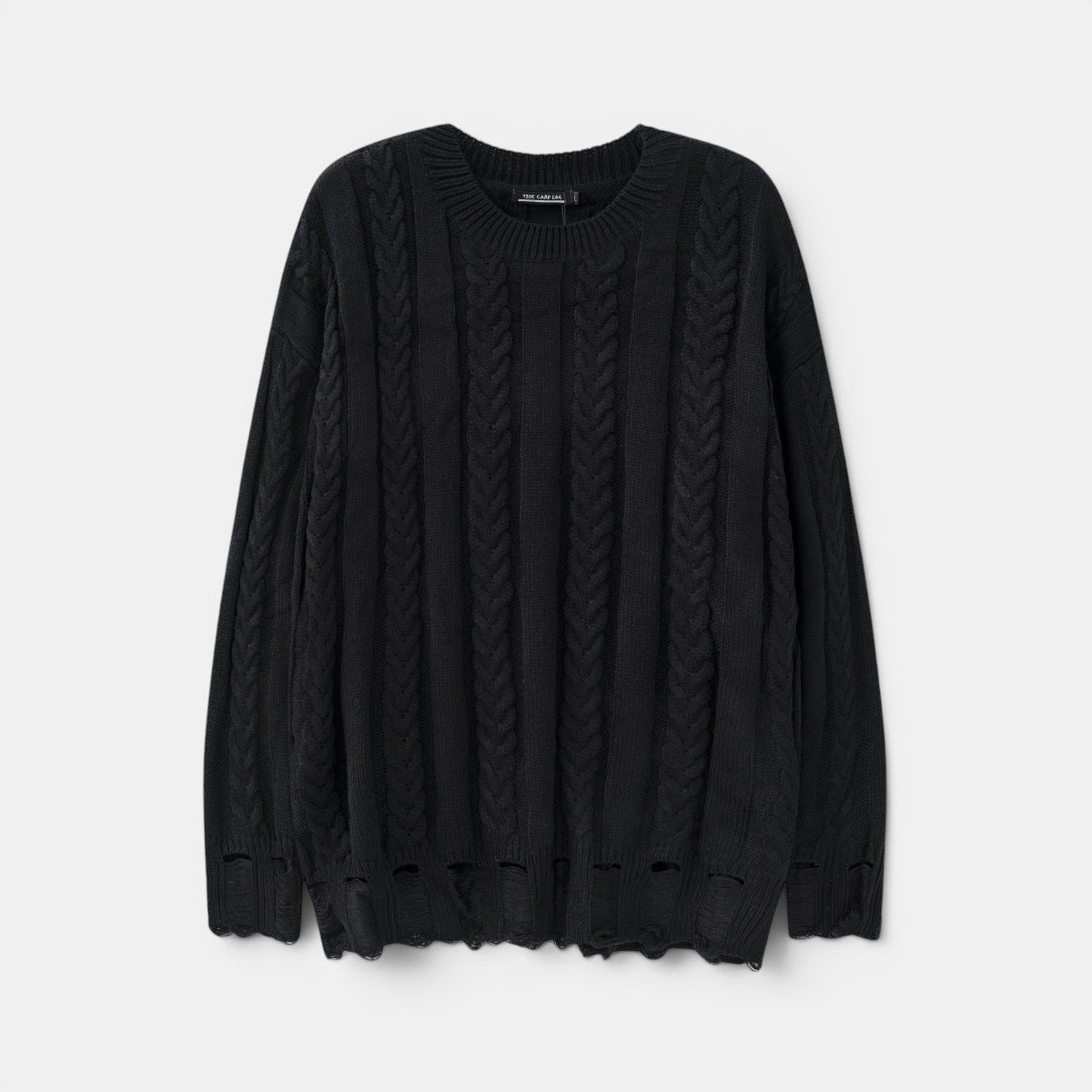 Allzom preto camisola de malha com padrão de torção e decote redondo, com bainha e punhos desfiados.